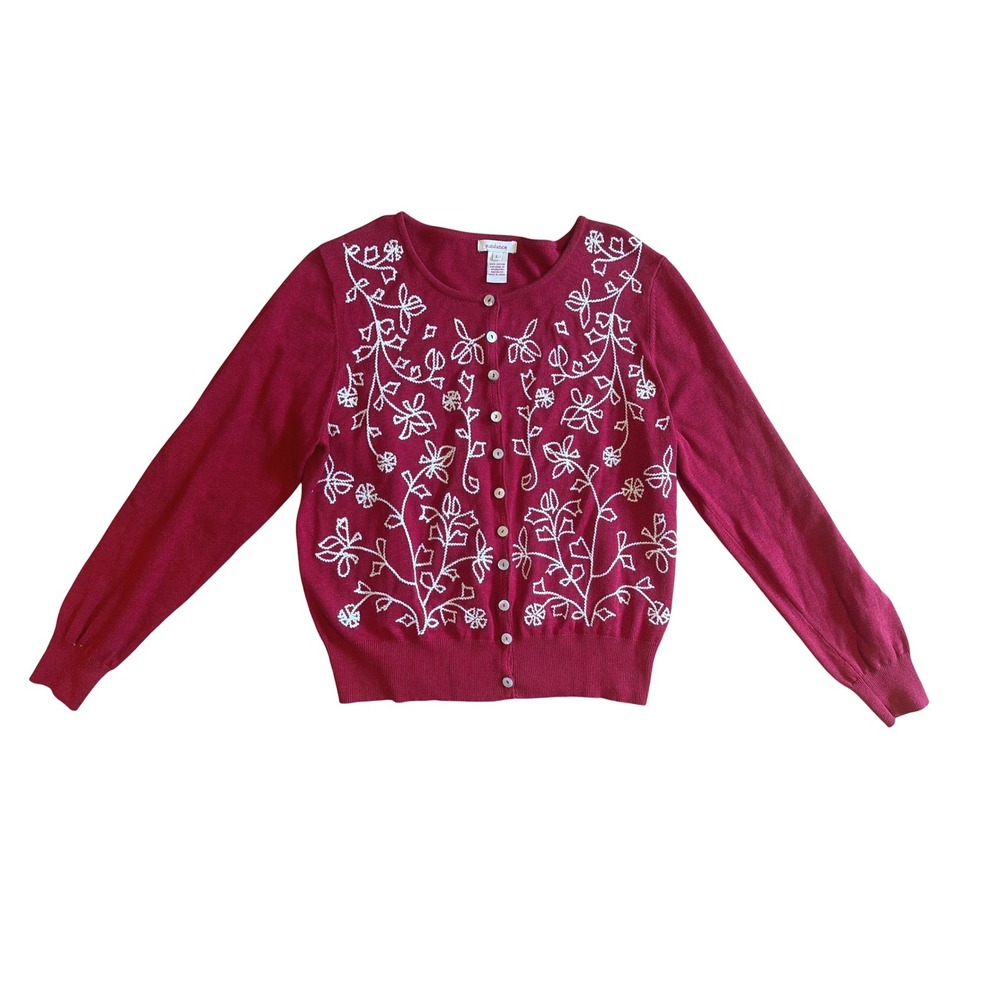 Sundance Red Embroidered Floral Cotton Cardigan Sweater Button Front Medium